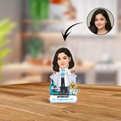 Personalized Microbiologist Female Scientist Caricature Tabletop Gift for Lab Professionals, Researchers & Clinical Labs Appreciation Gift for Doctor | Battery Powered Moving Head